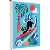 Framed canvas art depicting a vibrant whimsical ocean surf cat by Rachel Lee