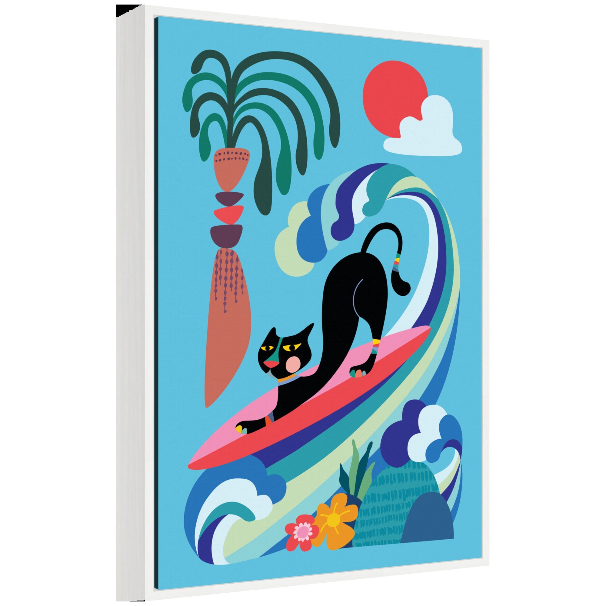 Framed canvas art depicting a vibrant whimsical ocean surf cat by Rachel Lee
