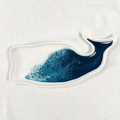 Ceramic whale-shaped tray with hand-poured resin swirls in coastal colors