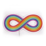 Infinity-shaped LED light featuring parallel rainbow color bands with vibrant red, orange, yellow, green, blue, and purple hues on a white background.