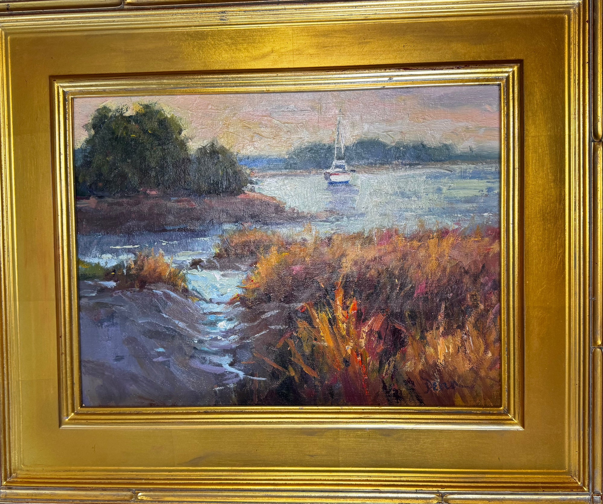 One Hundred and Thirty painting showing abstract coastal landscape on board in gold frame