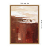 Abstract canvas painting with warm earth tones of brown, beige, and white blending in cloud-like and blocky shapes within a wooden frame.
