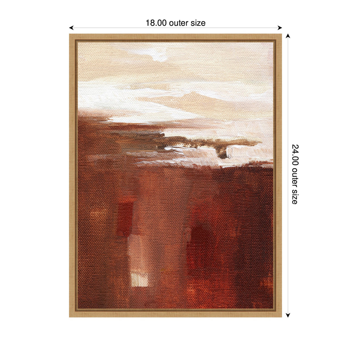 Abstract canvas painting with warm earth tones of brown, beige, and white blending in cloud-like and blocky shapes within a wooden frame.