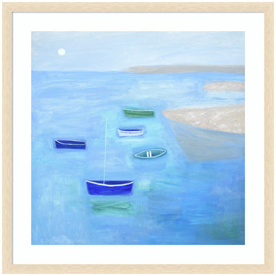 Framed 'Calm Waters' print showing small boats floating on a calm pastel ocean scene by Giuliana Lazzerini