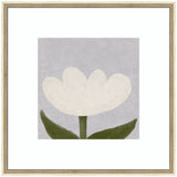 Minimalist white tulip with five rounded petals above two dark green leaves on a textured soft gray square background