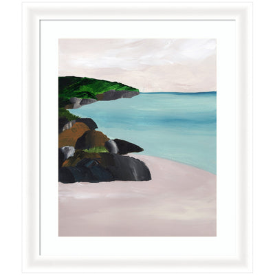 Framed coastal seascape art print showing soft sand, calm ocean, green cliffs, and a gentle blue sky.