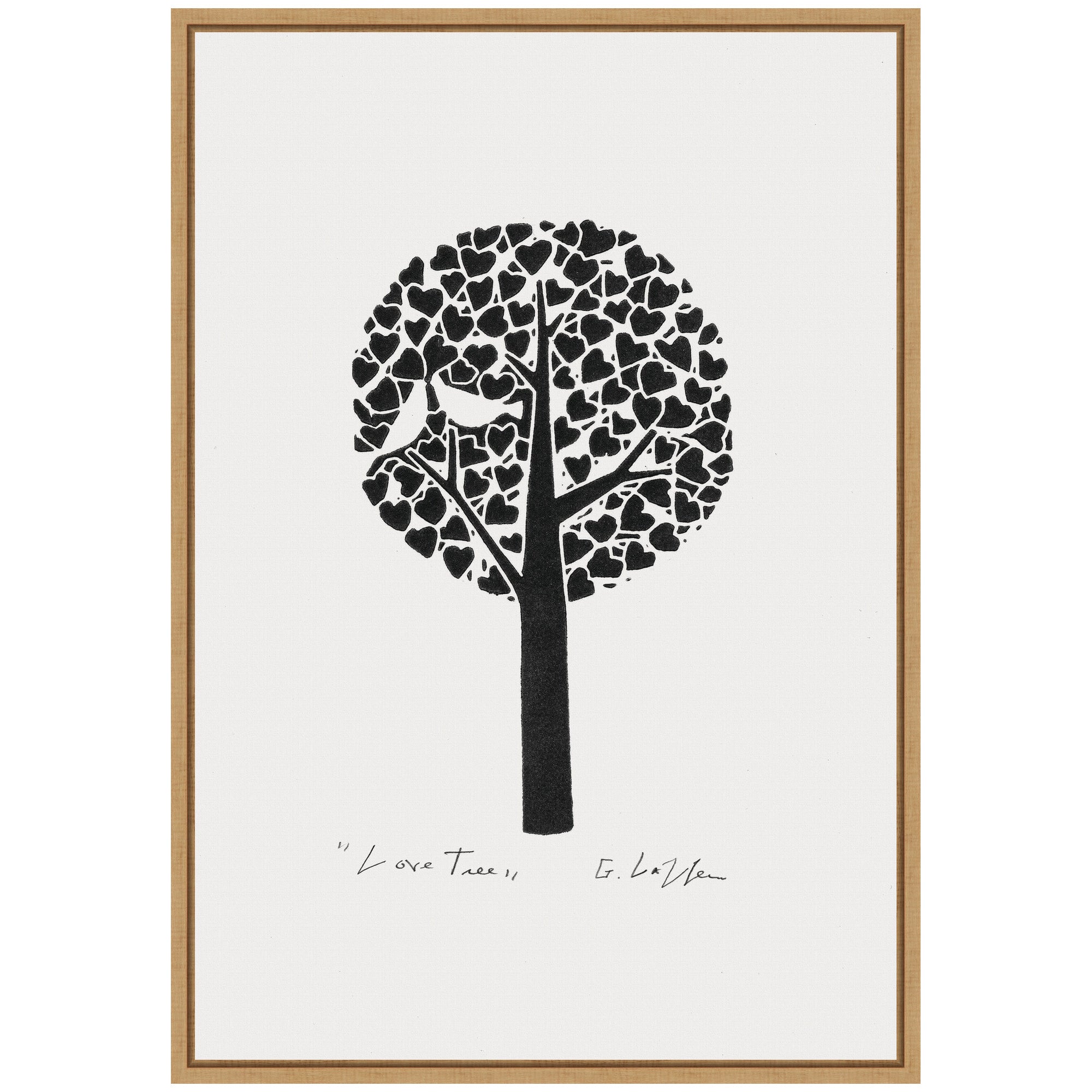 Sylvie Black and White Love Tree Linocut Framed Canvas by Giuliana Lazzerini