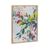 Abstract botanical painting with jewel tones featuring green, red, yellow, and blue leaves and floral shapes, framed in light wood, angled view on white background.