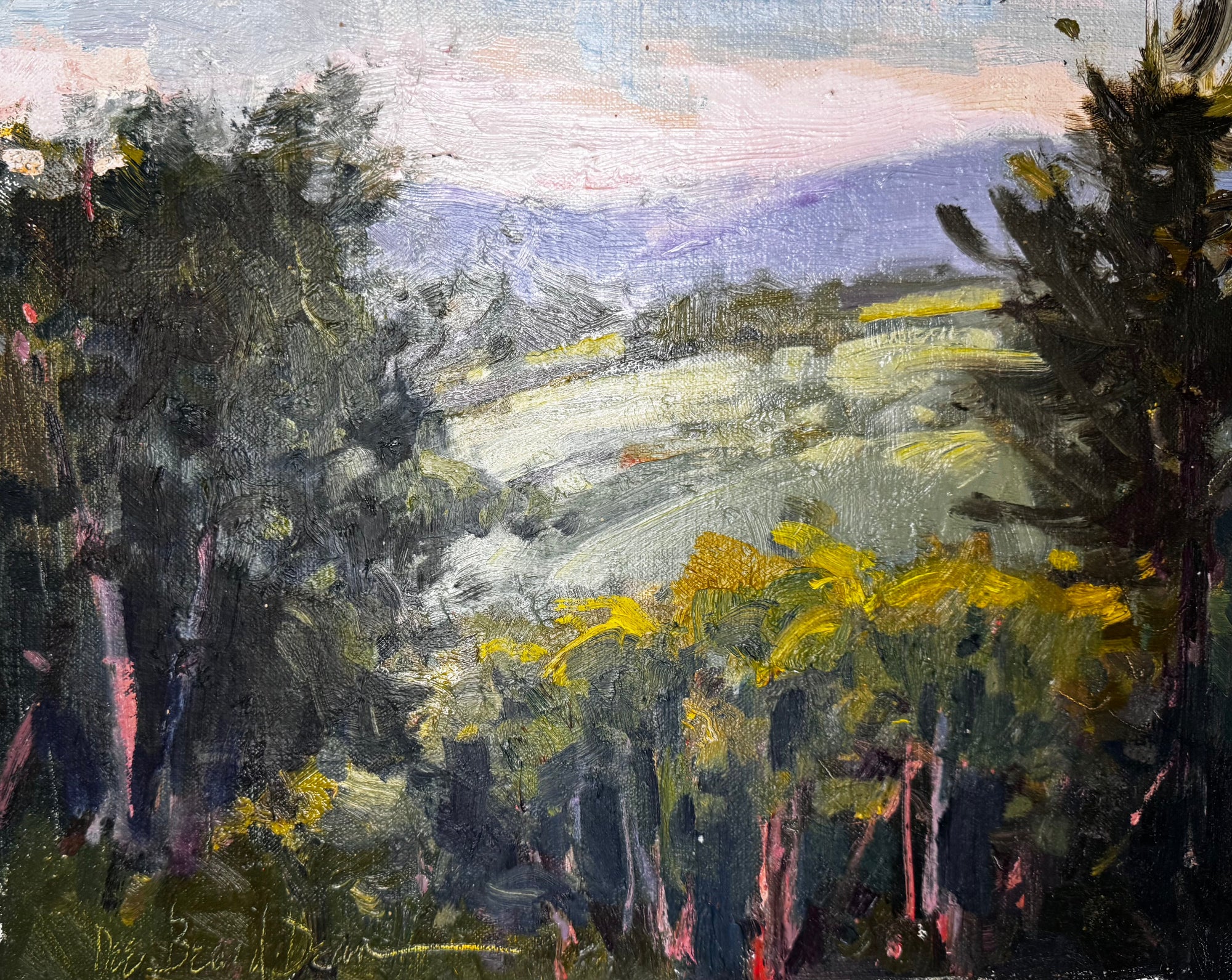 Painting titled 'Thirteen' displaying a coastal scene in soft tones on an 11x14 board by John Beard Collection