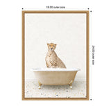A cheetah sitting inside a beige bathtub with claw feet, against a white textured wall and terrazzo floor with multicolored speckles.
