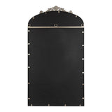Back of a rectangular mirror with an arched top and ornate metal hanger, featuring multiple metal clips around the edges securing the backing panel.