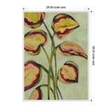 Canvas artwork featuring stylized foliage with heart-shaped leaves in green, pink, and orange hues on a light background, framed with dimensions 28x38 inches.