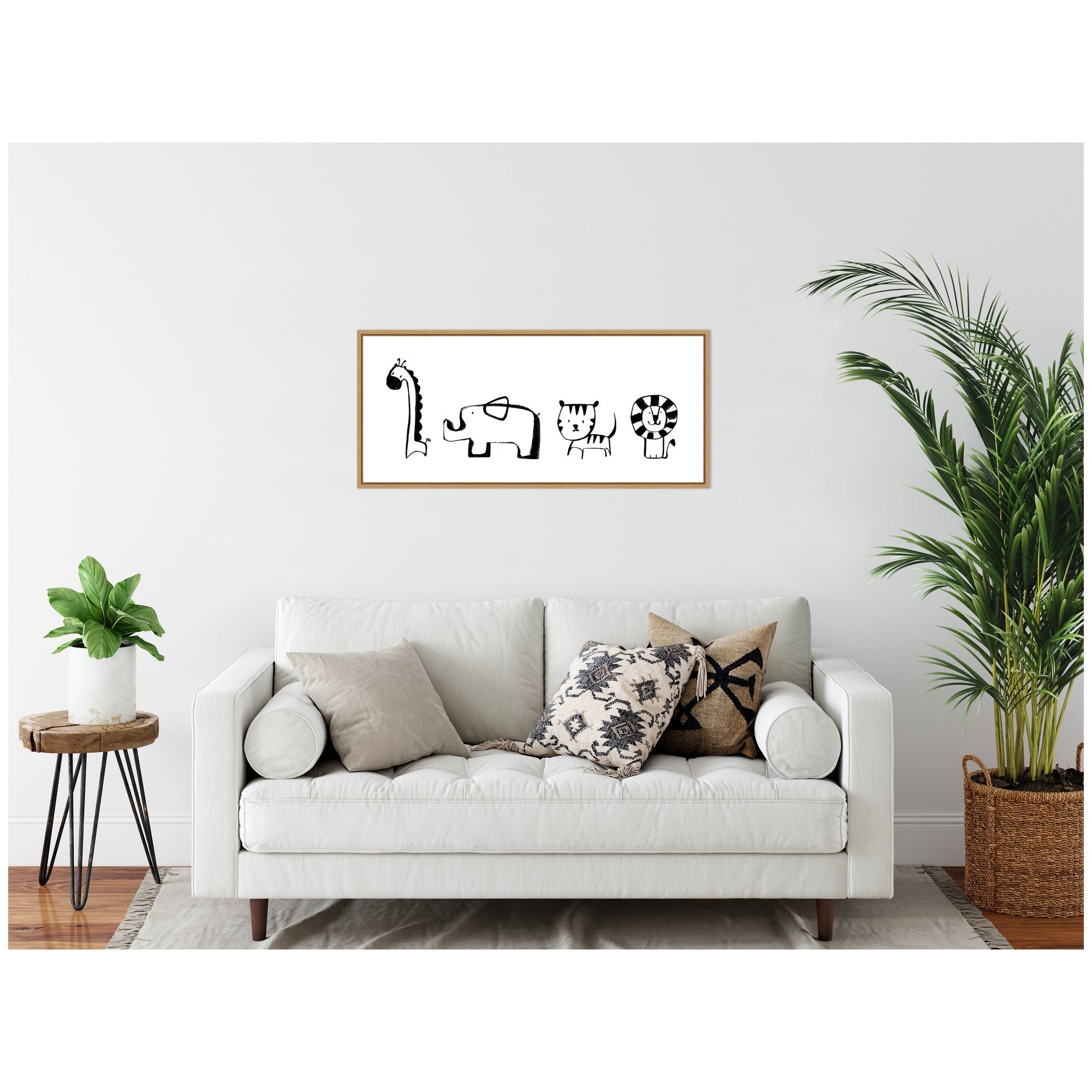 Sylvie Minimalist Giraffe Elephant Tiger and Lion Sketch Framed Canvas by Teju Reval