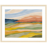 Abstract landscape painting with layered bands of blue, orange, green, yellow, and beige creating a rhythmic, flowing composition, framed in light wood.