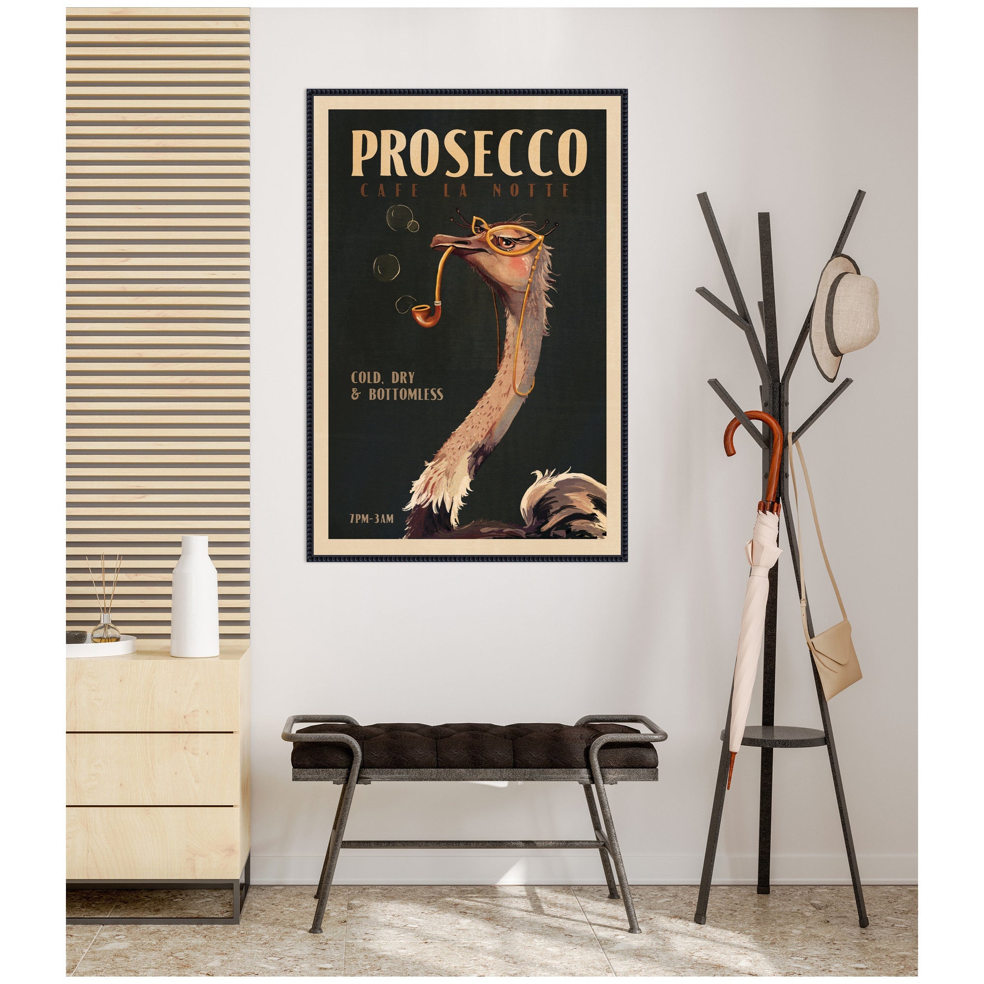 WG Deco Prosecco Ostrich by The Whiskey Ginger Framed Canvas Wall Art Print
