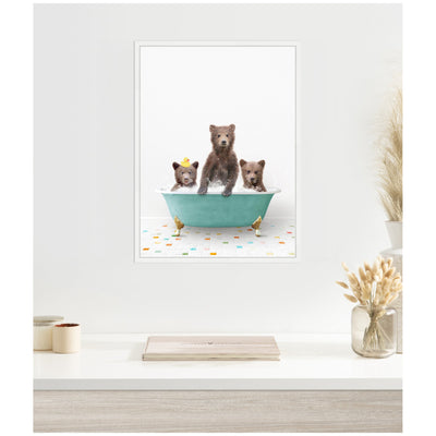 Sylvie Three Bear Cubs in Teal Bathtub on Colored Tile Framed Canvas by Amy Peterson