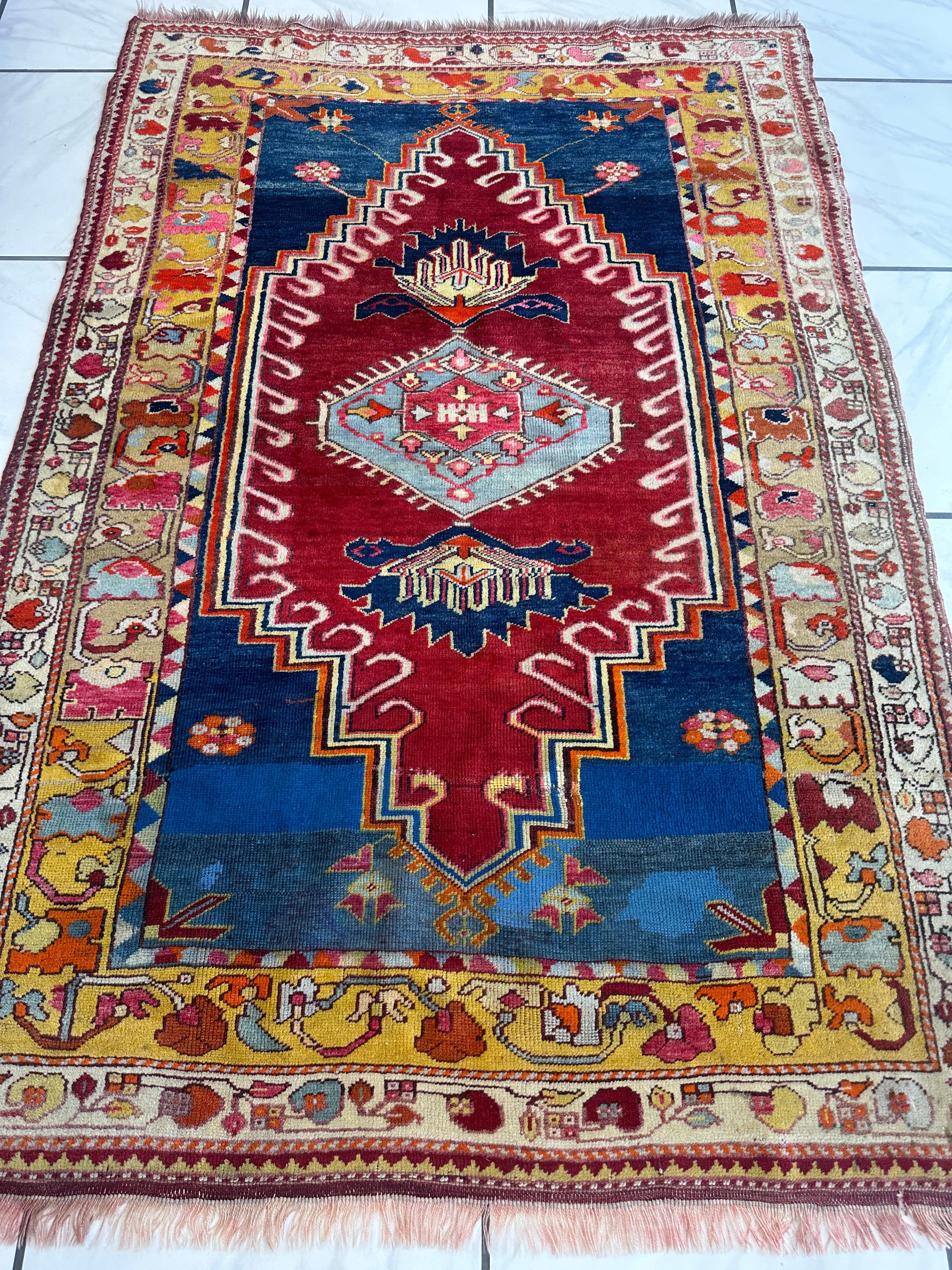 Hand-Knotted Antique Turkish Melas Wool Rug – 4'3" x 5'11" – Vibrant by Rugistan - product image 3 for Resin Society
