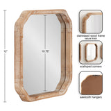 Rectangular wall mirror with scalloped corners, distressed natural wood frame, and sawtooth hangers, measuring 12 by 10.75 inches, shown front and sides.