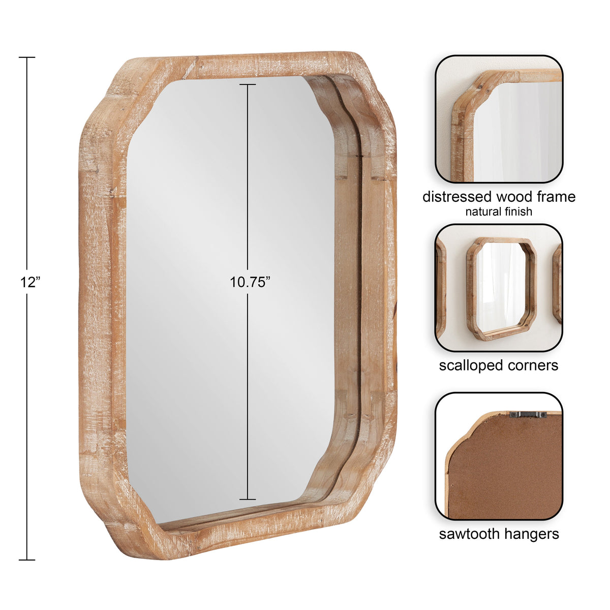 Rectangular wall mirror with scalloped corners, distressed natural wood frame, and sawtooth hangers, measuring 12 by 10.75 inches, shown front and sides.