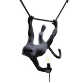 Black monkey figurine hanging upside down from a black rope while holding a light bulb in one hand, with a transparent bulb visible.