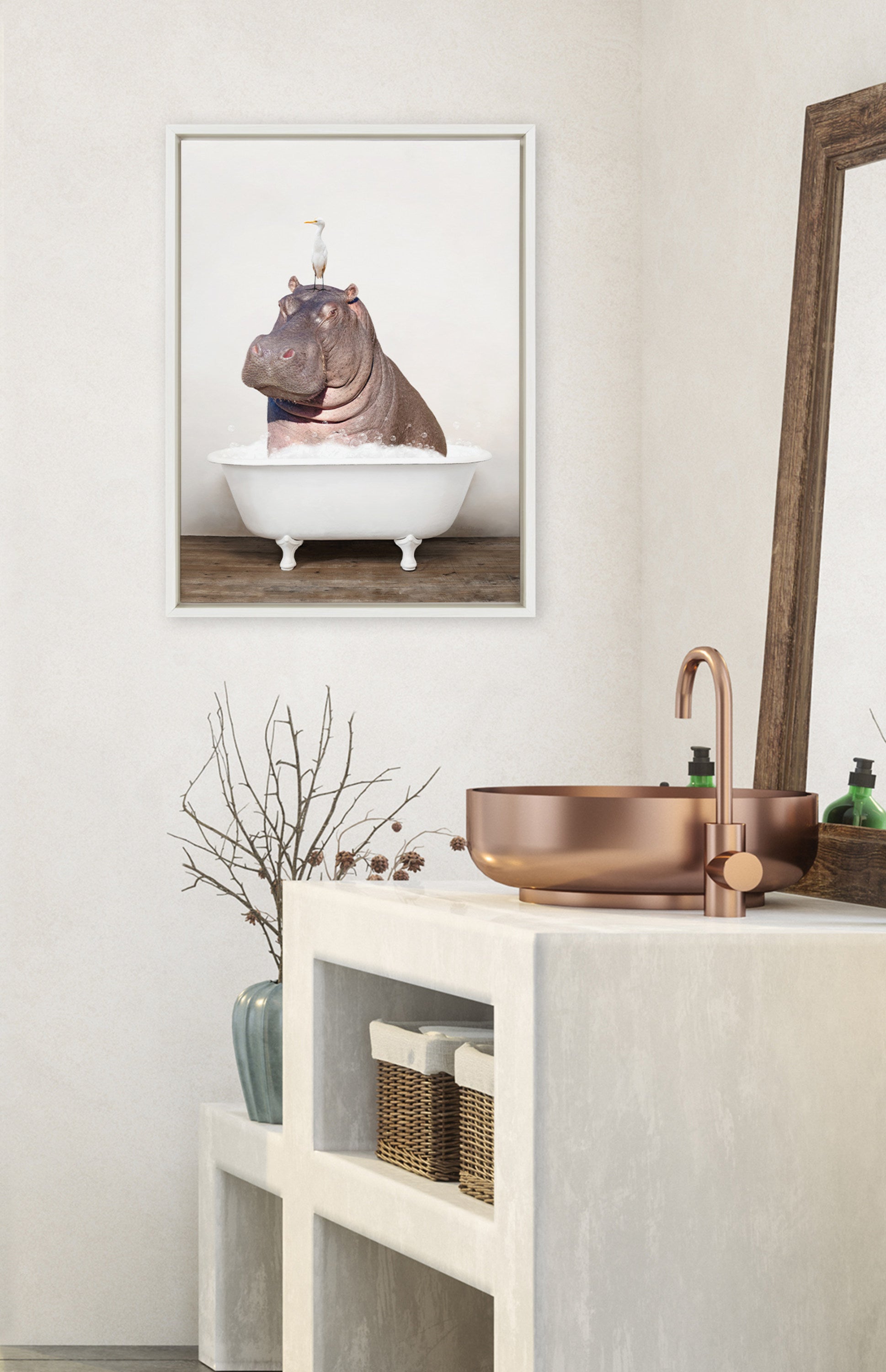 Sylvie Hippo and Bird in Rustic Bath Framed Canvas by kateandlaurel - product image 16 for Resin Society