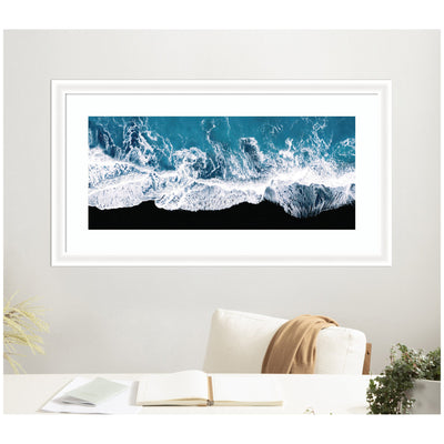 Framed Art Minimalist Ocean Waves on the Black Beach in Iceland Panel by Michael Schauer