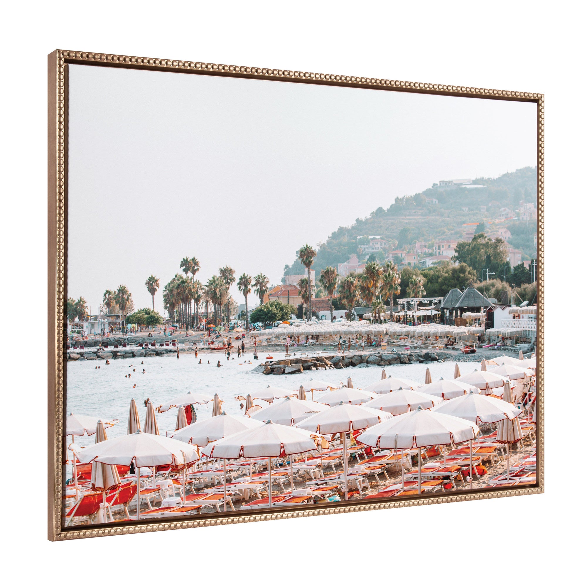 Sylvie Beaded AA Imperia framed canvas art by Alicia Abla showing coastal vintage beach scene with beaded frame