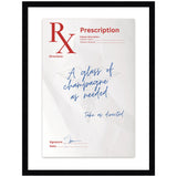 Framed wall art print titled 'A Glass of Champagne Rx' by Honey Island Studio featuring a minimalist champagne glass illustration in a svelte noir black frame