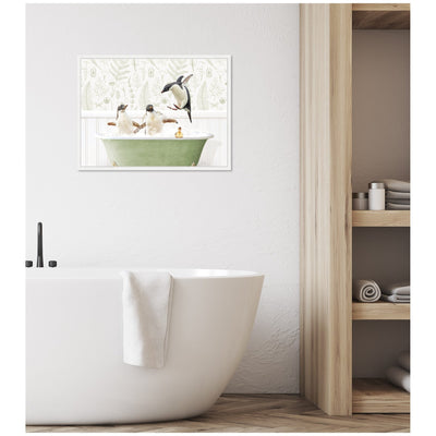 Sylvie Penguins in Fern Bath Framed Canvas by Amy Peterson