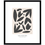 Abstract black shapes resembling stylized flower petals and leaves on a beige background, framed in black with French text 'Les Fleurs Exposition d'Art' below.