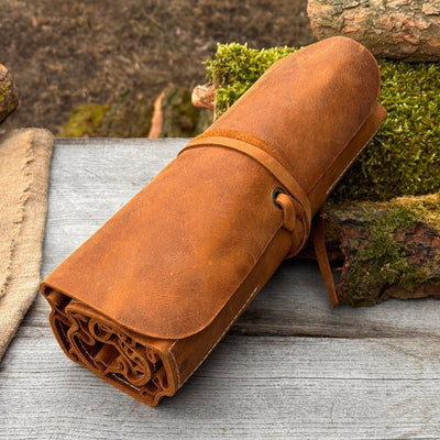 15 Pocket Leather Tool Roll by Sharky Forged Steel Tools showing organized hand tools in leather pockets
