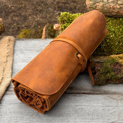 15 Pocket Leather Tool Roll by Sharky Forged Steel Tools showing organized hand tools in leather pockets