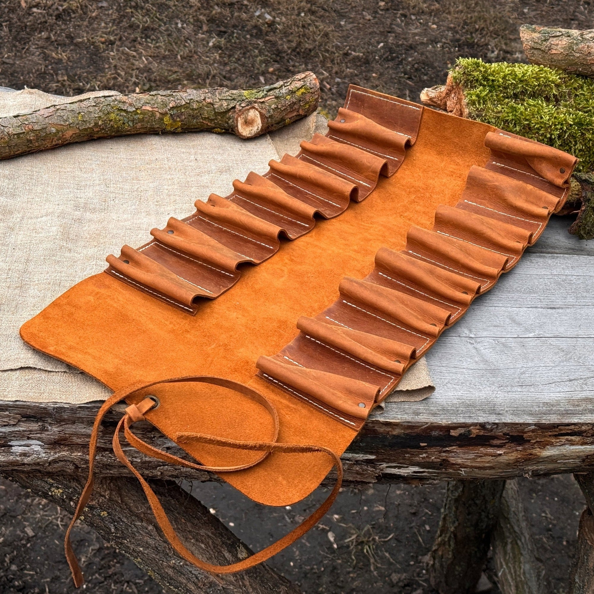 15 Pocket Leather Tool Roll by Sharky Forged Steel Tools showing organized hand tools in leather pockets
