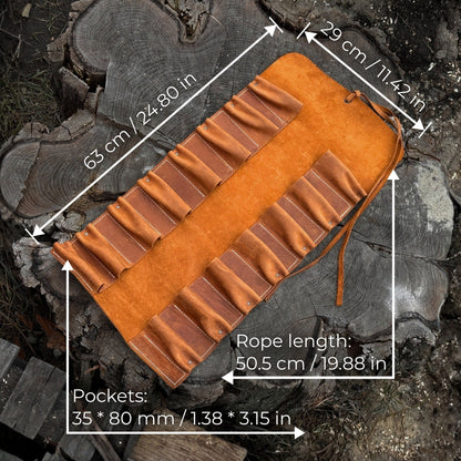 15 Pocket Leather Tool Roll by Sharky Forged Steel Tools showing organized hand tools in leather pockets