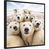 Close-up of nine curious polar bears gathered closely on snowy ground under a partly cloudy sky, captured from a low angle emphasizing their faces and noses.