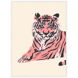 Stylized pink and black tiger with bold stripes reclining on a light beige background in a minimalist framed canvas artwork.