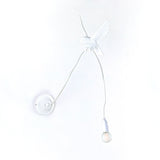 White wall lamp shaped like a sparrow perched on a curved metal arm holding a hanging exposed bulb against a white background.