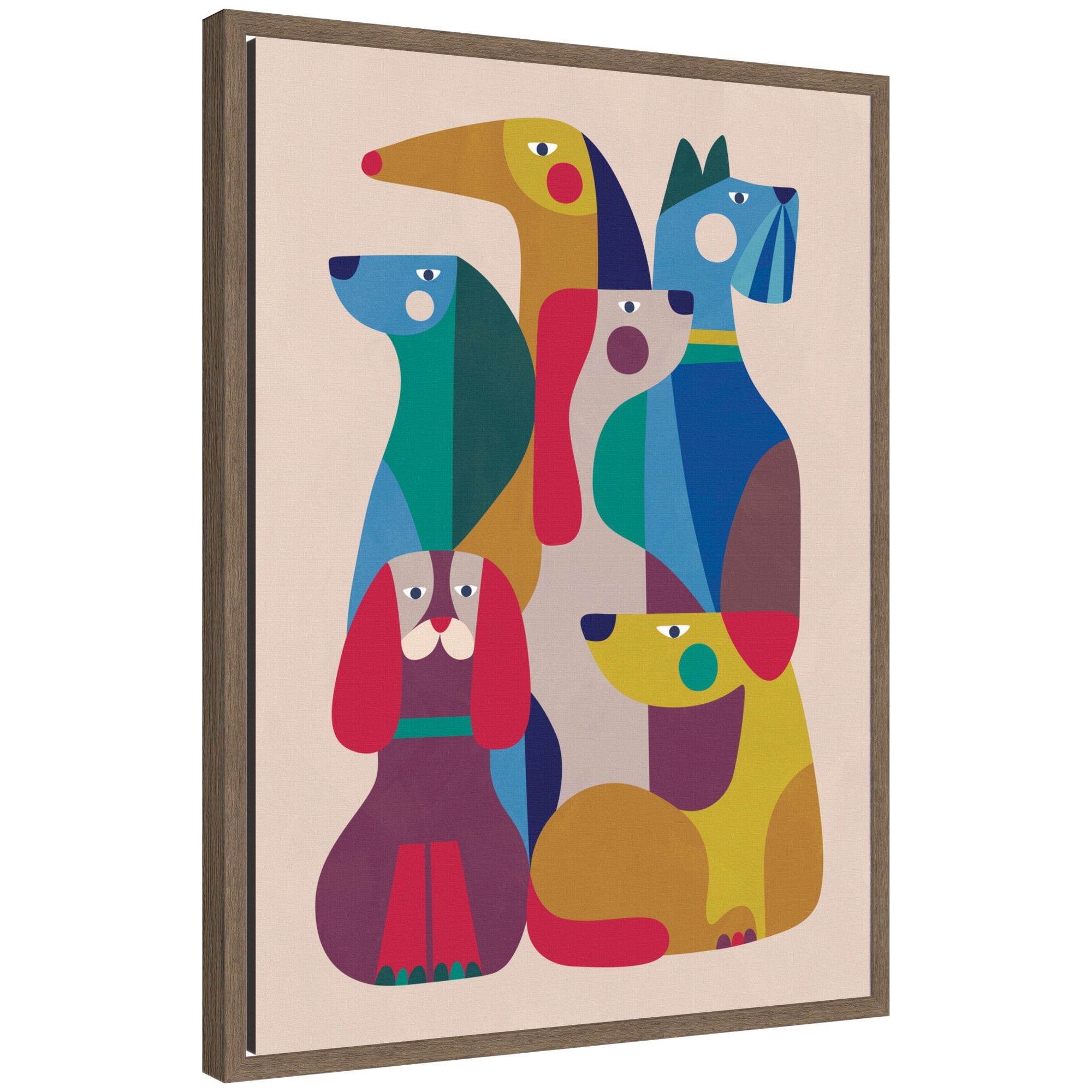 Abstract Retro Modern Dogs 02 framed canvas wall art depicting stylized dog shapes in a retro modern abstract style with walnut brown frame.