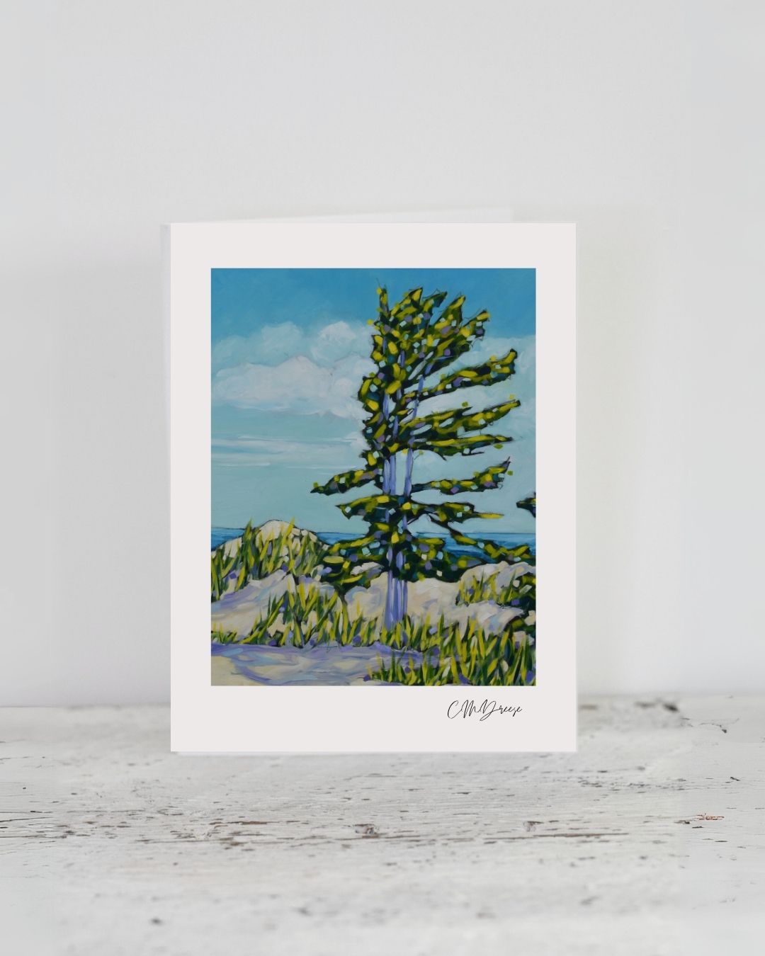 Notecard featuring the artwork 'Peace of Mind is Found at the Lake' on white linen textured paper