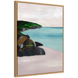 Sylvie Seascape Framed Canvas Art by Nikita Jariwala, showing a coastal scene with blue and green tones, framed in a light-colored floating frame.