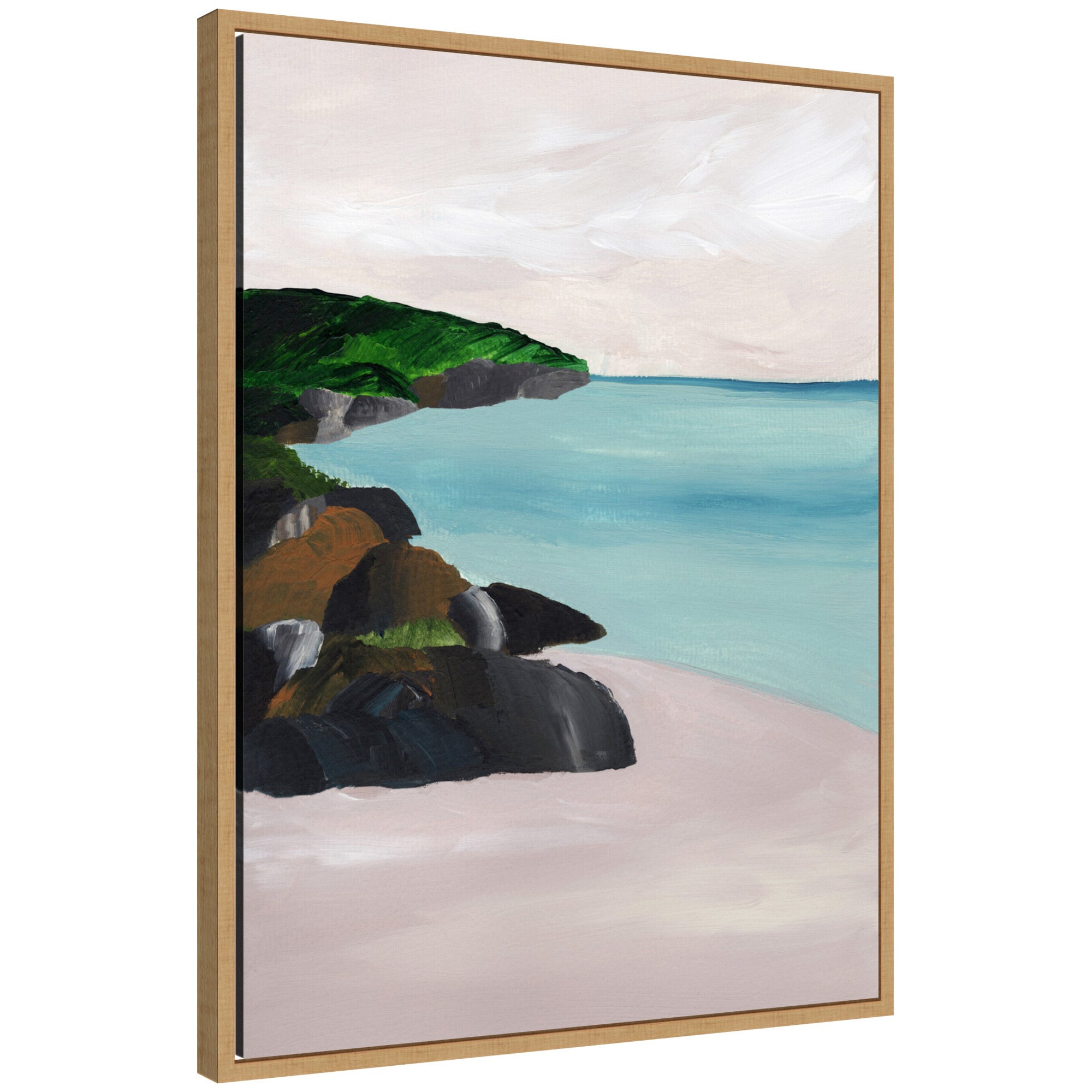 Sylvie Seascape Framed Canvas Art by Nikita Jariwala, showing a coastal scene with blue and green tones, framed in a light-colored floating frame.