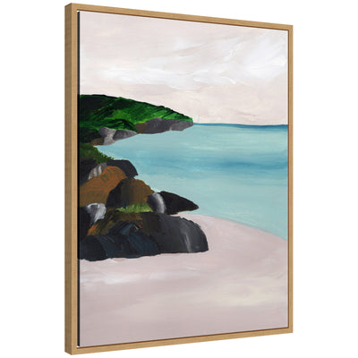 Sylvie Seascape Framed Canvas Art by Nikita Jariwala, showing a coastal scene with blue and green tones, framed in a light-colored floating frame.