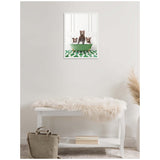Framed canvas of three brown bear cubs in a green bathtub against white paneled wall with green patterned floor, hung above white bench with beige fur throw.