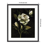 Framed floral artwork featuring a white rose and buds with green leaves on a dark, textured background, measuring 21 by 25 inches outer size.