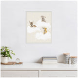 Framed canvas with watercolor-style animals—a rabbit, fox, and deer—sitting on fluffy white clouds against a soft beige background with small yellow dots.