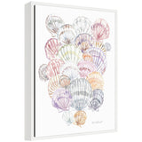 Sylvie Pale Pastel Shells framed canvas art depicting soft pastel colored seashells on a floating polystyrene frame
