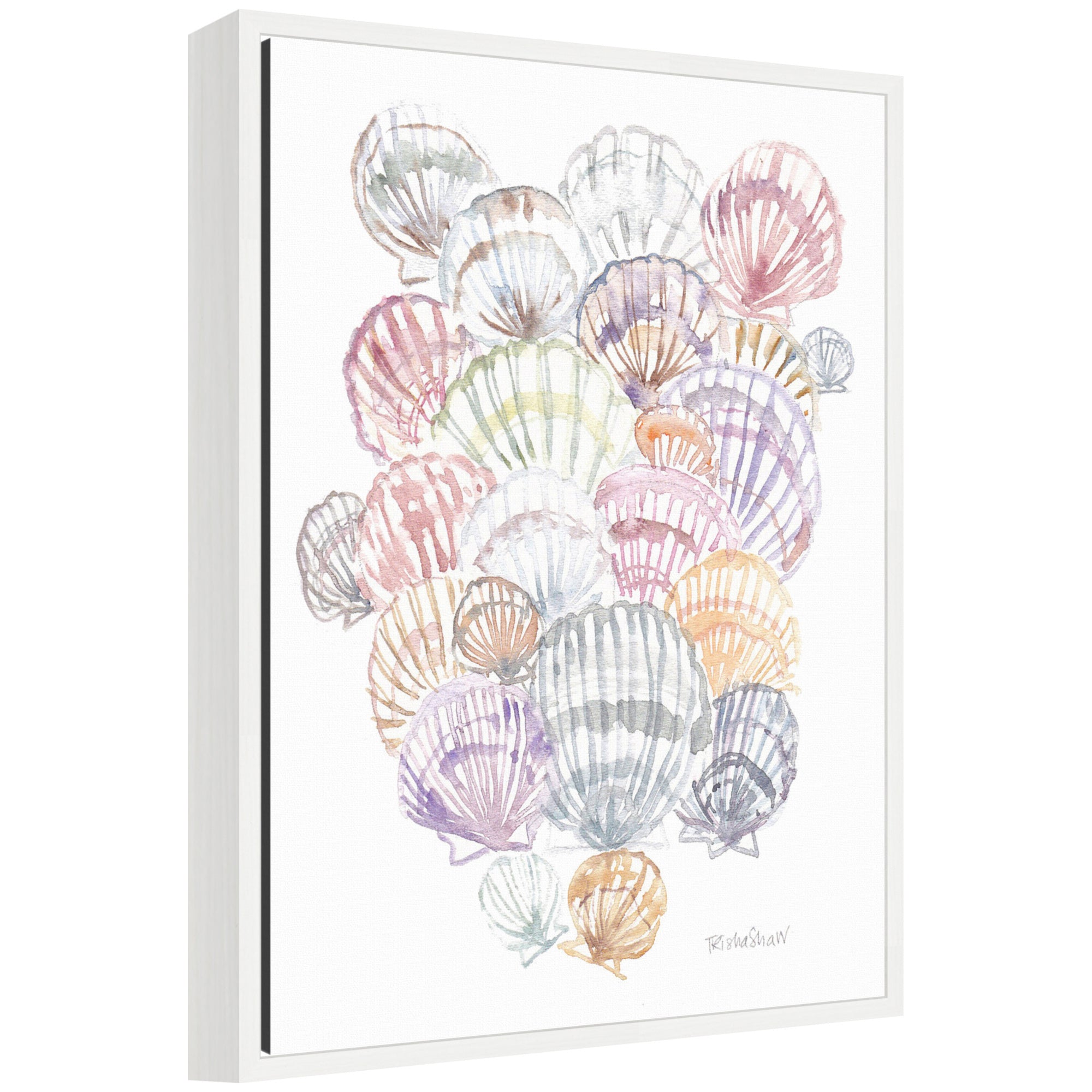 Sylvie Pale Pastel Shells framed canvas art depicting soft pastel colored seashells on a floating polystyrene frame