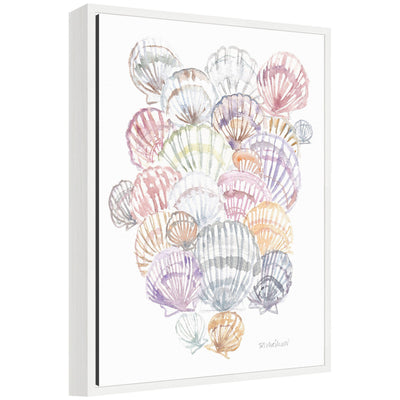 Sylvie Pale Pastel Shells framed canvas art depicting soft pastel colored seashells on a floating polystyrene frame