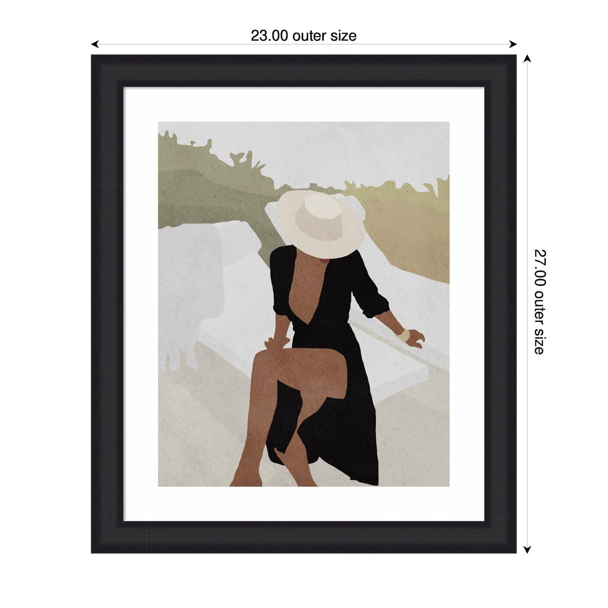 Minimalist painting of a woman wearing a wide-brimmed hat and black dress with an open back, seated sideways on a white bench against a muted outdoor background.