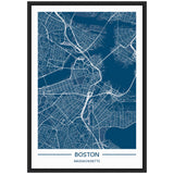 Detailed white street map of Boston, Massachusetts, on a deep blue background framed in black with city and state names below the map.